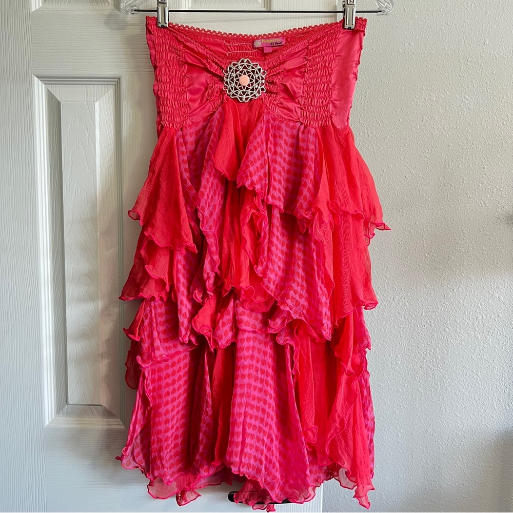 Poupette St. Barth Silk Embellished Coral Pink Ruffle Skirt Top Size S/M